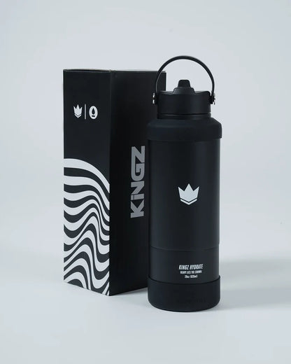 Kingz Hydrate Bottle Black - Product and Box Front View Black Bottle White Crown Logo KINGZ Text Vertical Black and White Wave Pattern Box Design Accessories BJJ Training [color:Black]
