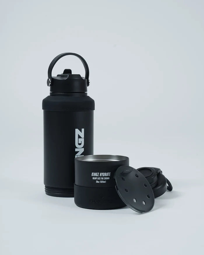 Kingz Hydrate Bottle Black - Product Display View Black Bottle White KINGZ Text Removable Lid Handle Insulated Design Accessories BJJ Training [color:Black]
