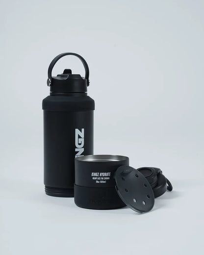 Kingz Hydrate Bottle Black - Product Display View Black Bottle White KINGZ Text Removable Lid Handle Insulated Design Accessories BJJ Training [color:Black]