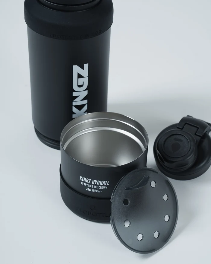 Kingz Hydrate Bottle Black - Close-Up Detail View Black Bottle White KINGZ Vertical Text Removable Lid Insulated Design Heavy Lies The Crown Text Accessories BJJ Training [color:Black]