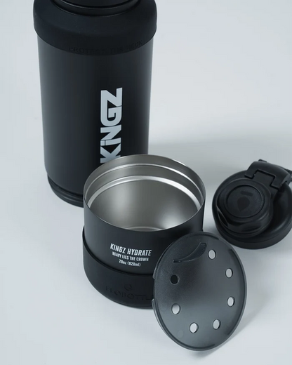 Kingz Hydrate Bottle Black - Close-Up Detail View Black Bottle White KINGZ Vertical Text Removable Lid Insulated Design Heavy Lies The Crown Text Accessories BJJ Training [color:Black]