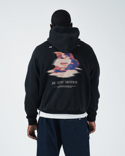Black BJJ hoodie front studio shot on adult male model showing pigment washed fabric and mid-weight fleece [color:Black]