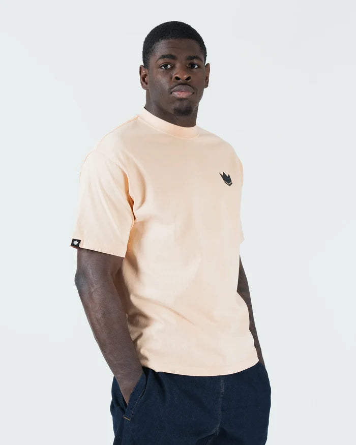 Kingz Jiu Jitsu Motion Tee - Lifestyle Front Shot - Crown Logo Detail - Peach BJJ Pigment Dye T-Shirt [color:Peach]