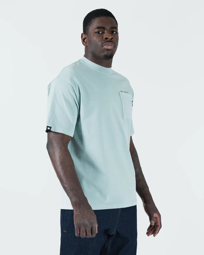 Kingz Jiu Jitsu Squad V2 Tee - Lifestyle Front View - JIU JITSU Chest Pocket - Sea Foam BJJ Pigment Dye Tee [color:Sea Foam]