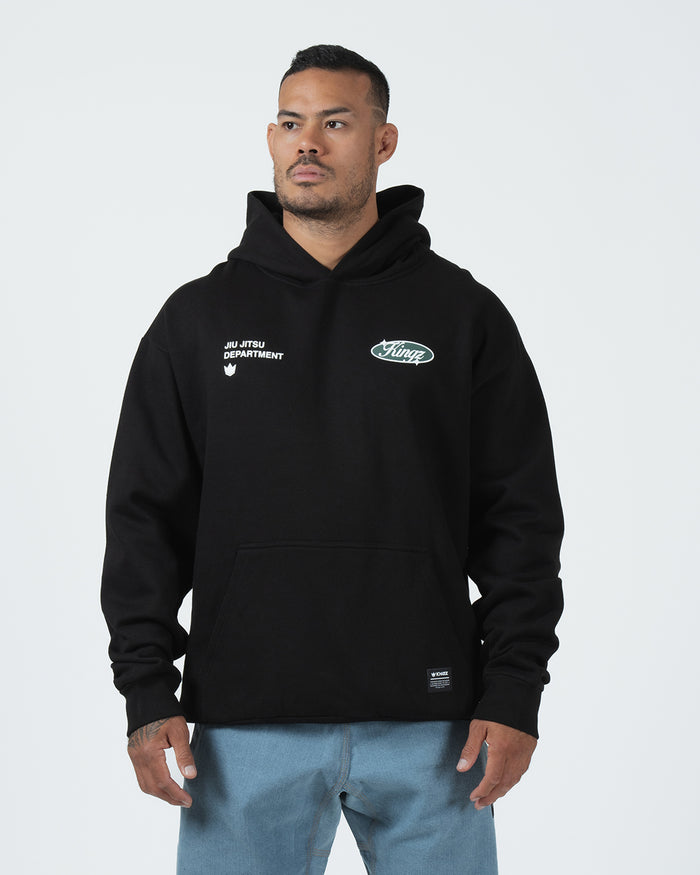 Kingz JJ Dept Hoodie - Front Standing View - Kingz Oval Logo and Boxy Fit - Black - BJJ Streetwear Hoodie [color:Black]
