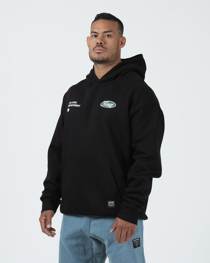 Kingz JJ Dept Hoodie - Front Angle View - Chest Logo and Kangaroo Pocket - Black - BJJ Streetwear Hoodie [color:Black]
