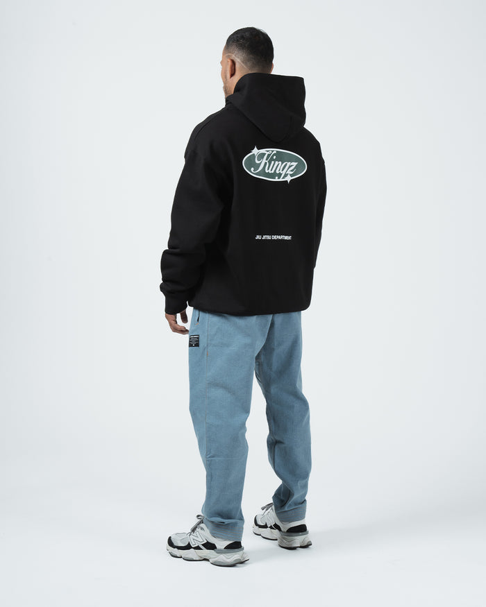Kingz JJ Dept Hoodie - Full Body Back View - Kingz Oval Back Print and Dept Text - Black - BJJ Streetwear Hoodie [color:Black]