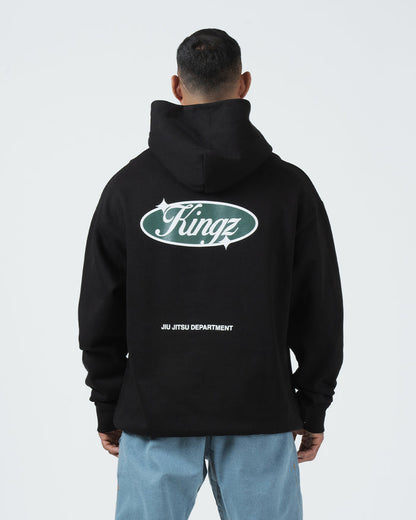 Kingz JJ Dept Hoodie - Back Worn View - Green Kingz Oval and Department Print - Black - BJJ Streetwear Hoodie [color:Black]