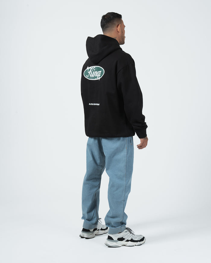 Kingz JJ Dept Hoodie - Rear Three Quarter View - Back Oval Print and Boxy Drape - Black - BJJ Streetwear Hoodie [color:Black]
