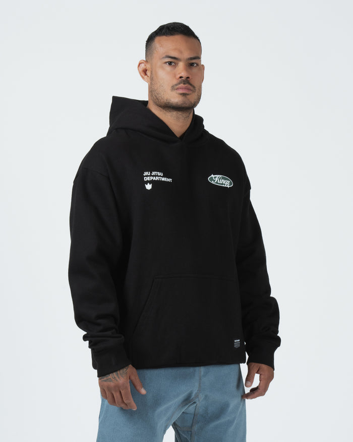 Kingz JJ Dept Hoodie - Front Body View - Oversized Fleece Fit and Chest Logo - Black - BJJ Streetwear Hoodie [color:Black]