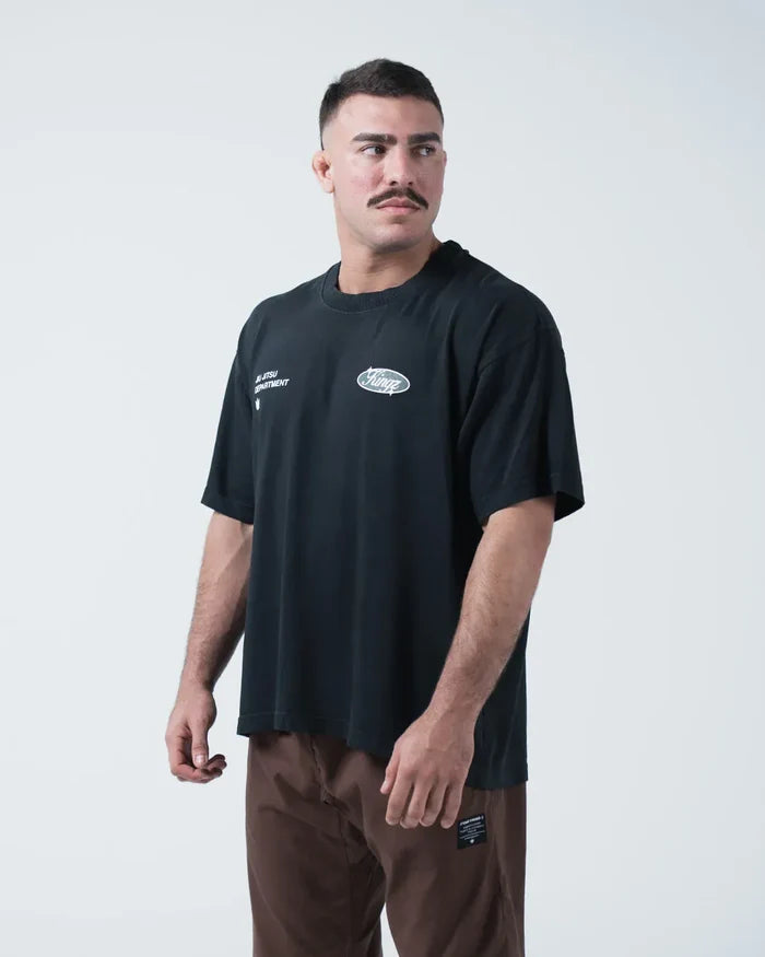 Kingz JJ Dept Tee - Front Angle View - JJ Department Text Kingz Oval Badge Chest Graphics - Black BJJ [color:Black]