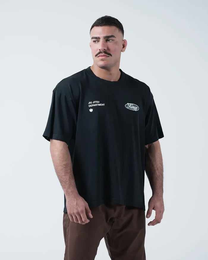 Kingz JJ Dept Tee - Torso Front View - JIU JITSU DEPARTMENT Kingz Badge Dual Chest Print - Black BJJ Tee [color:Black]