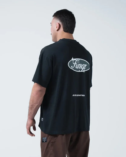 Kingz JJ Dept Tee - Back Three Quarter View - Kingz Oval Badge Back Print JIU JITSU DEPARTMENT - Black BJJ [color:Black]