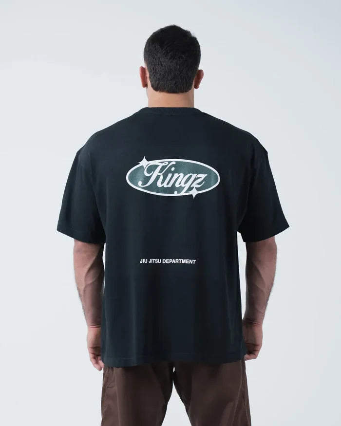 Kingz JJ Dept Tee - Back View - Large Kingz Oval Badge Jiu Jitsu Department Back Graphic - Black BJJ Tee [color:Black]