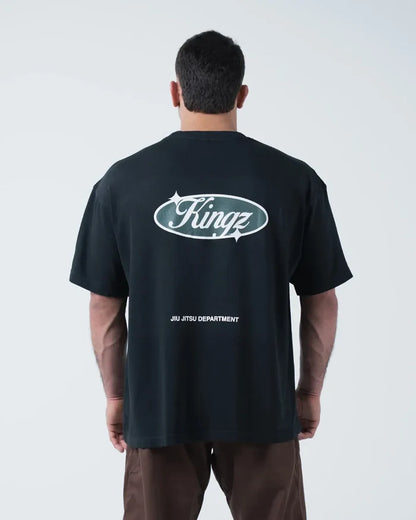 Kingz JJ Dept Tee - Back View - Large Kingz Oval Badge Jiu Jitsu Department Back Graphic - Black BJJ Tee [color:Black]