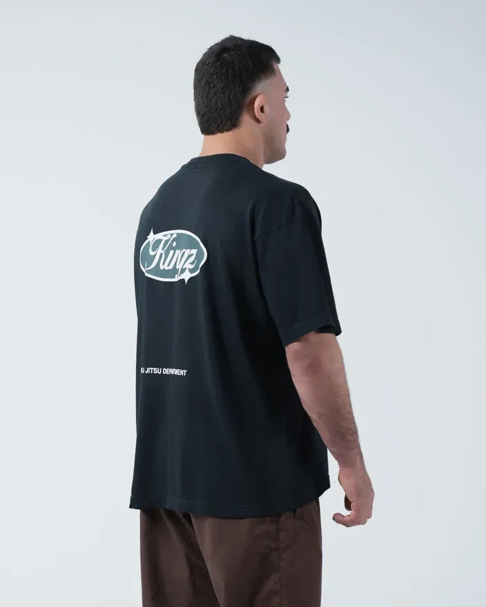 Kingz JJ Dept Tee - Back Side Angle View - Kingz Badge JIU JITSU DEPARTMENT Back Print Side Profile - Black BJJ [color:Black]