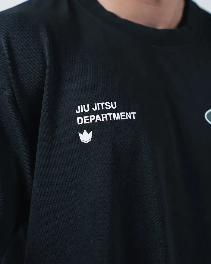 Kingz JJ Dept Tee - Chest Graphic Closeup - JIU JITSU DEPARTMENT Crown Emblem Detail Left Chest - Black BJJ [color:Black]