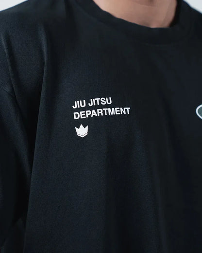 Kingz JJ Dept Tee - Chest Graphic Closeup - JIU JITSU DEPARTMENT Crown Emblem Detail Left Chest - Black BJJ [color:Black]
