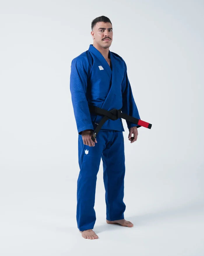 Kingz Kore V2 BJJ Gi Blue - 3/4 Angle View Upper Body Crown Shield Embroidered Patch Detail