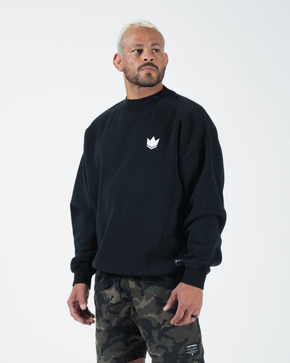 Kingz Kore V2 Crewneck - Front Angle View - White Crown Logo and Boxy Fit - Black - BJJ Streetwear Crewneck