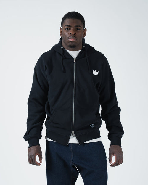 Kingz Kore V2 Zip Up Hoodie - Front Worn View - White Crown Chest Logo and Full Zip - Black - BJJ Streetwear Hoodie [color:Black]