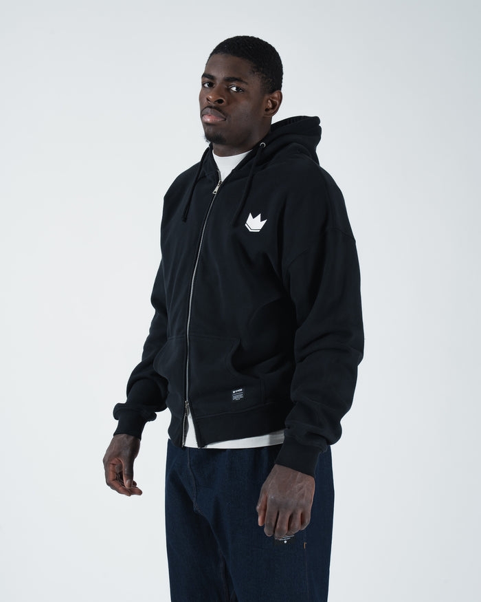 Kingz Kore V2 Zip Up Hoodie - Front Angle View - White Crown Logo and Ribbed Hem - Black - BJJ Streetwear Hoodie [color:Black]