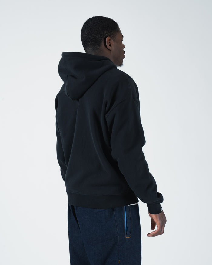 Kingz Kore V2 Zip Up Hoodie - Rear Three Quarter View - Relaxed Shoulder Drape - Black - BJJ Streetwear Hoodie [color:Black]