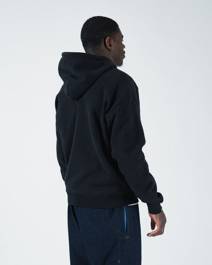 Kingz Kore V2 Zip Up Hoodie - Rear Three Quarter View - Relaxed Shoulder Drape - Black - BJJ Streetwear Hoodie [color:Black]