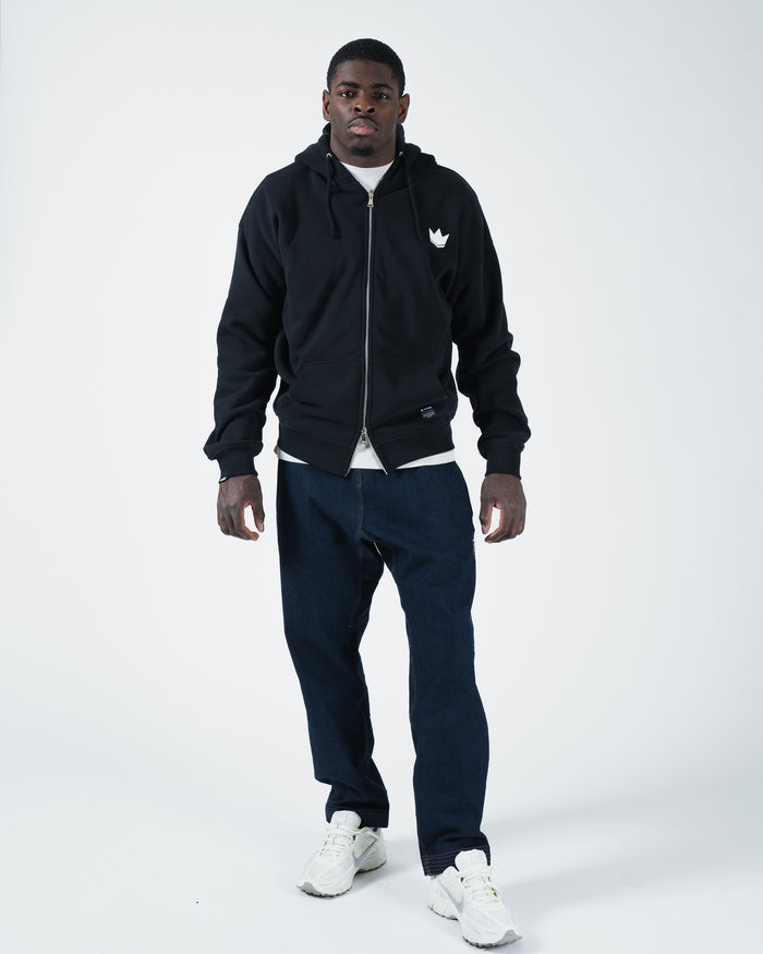 Kingz Kore V2 Zip Up Hoodie - Full Body Lifestyle Shot - Complete Streetwear Outfit - Black - BJJ Streetwear Hoodie [color:Black]