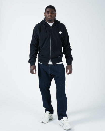 Kingz Kore V2 Zip Up Hoodie - Full Body Lifestyle Shot - Complete Streetwear Outfit - Black - BJJ Streetwear Hoodie [color:Black]