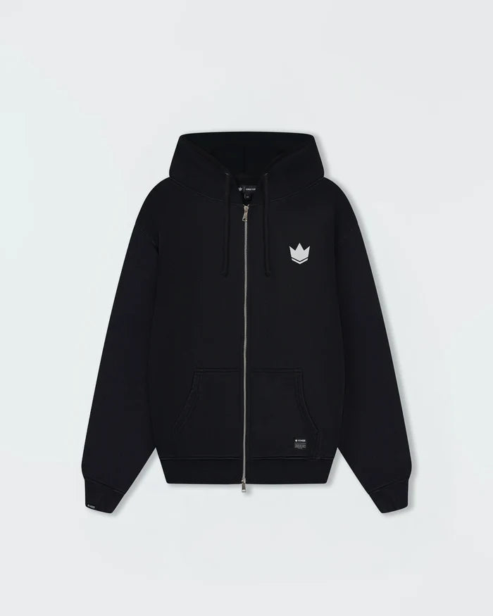 Kingz Kore V2 Zip Up Hoodie - Flat Lay Front - Full Zip and White Crown Chest Logo - Black - BJJ Streetwear Hoodie [color:Black]