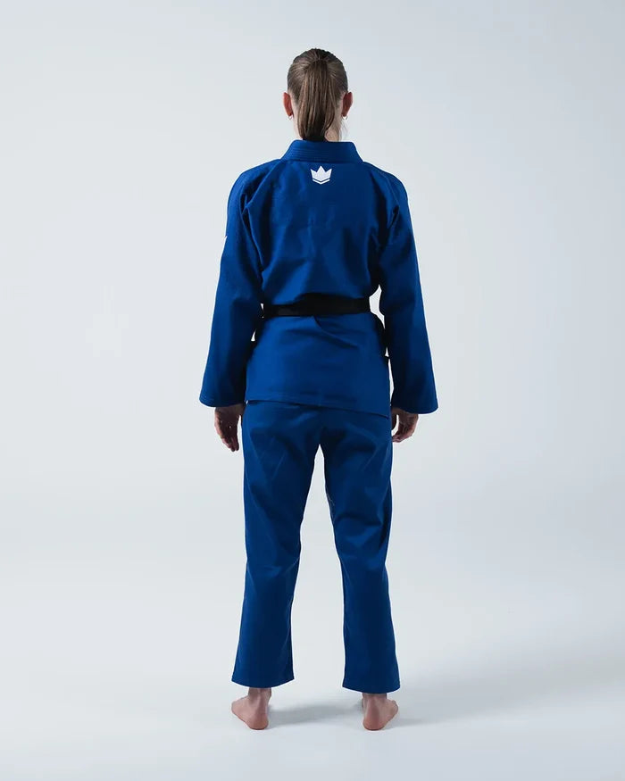 Kingz Kore V2 Women's BJJ Gi Blue - Full Body Back View Female Athlete Black Belt Crown Logo Collar Women's Fitted Cut