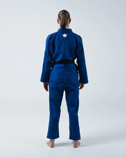 Kingz Kore V2 Women's BJJ Gi Blue - Full Body Back View Female Athlete Black Belt Crown Logo Collar Women's Fitted Cut