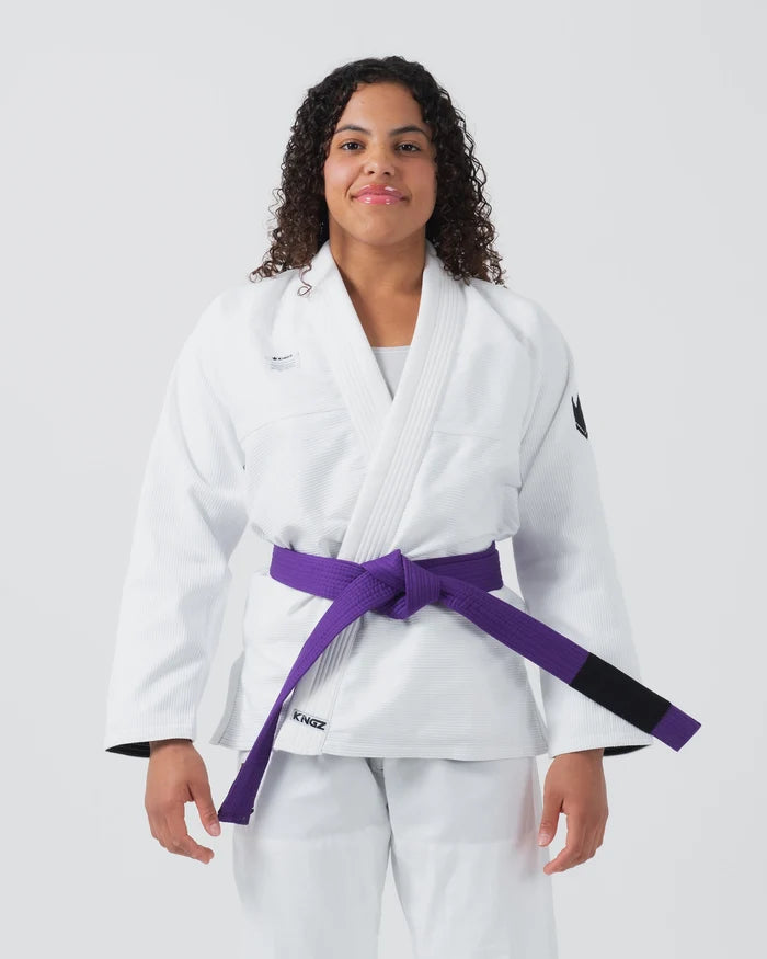 Kingz Kore V2 Women's BJJ Gi White - Upper Body Front View Female Athlete Purple Belt 380gsm Micro Pearl Weave