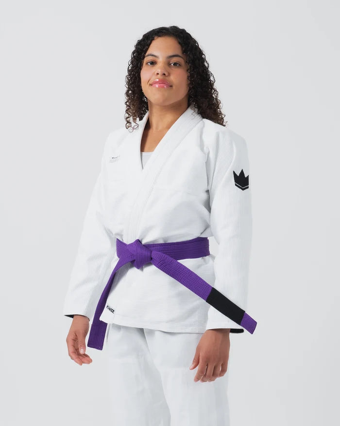 Kingz Kore V2 Women's BJJ Gi White - Full Body 3/4 Front View Female Athlete Purple Belt Crown Logo Women's Cut
