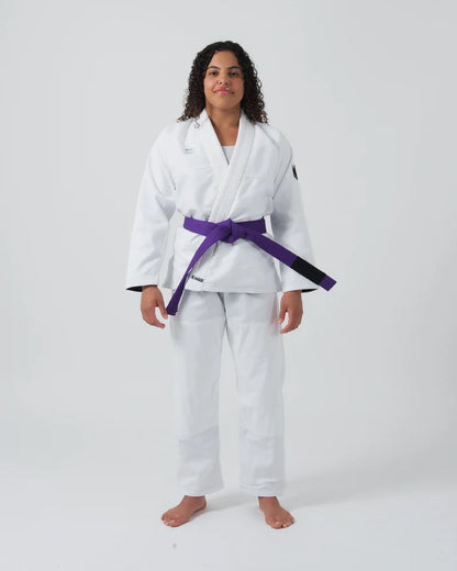 Kingz Kore V2 Women's BJJ Gi White - Full Body Front View Female Athlete Purple Belt Complete Gi Jacket Pants