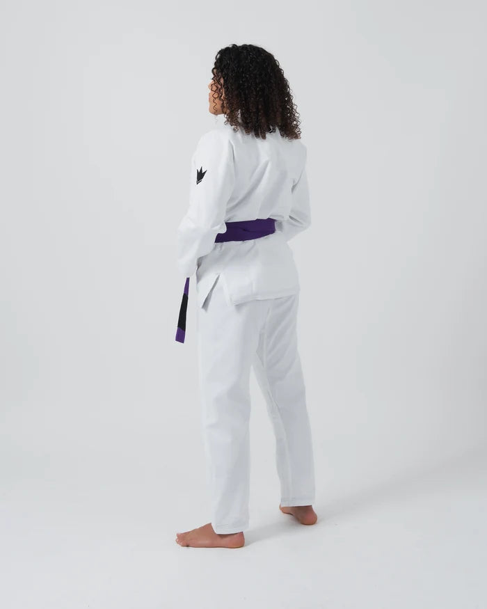 Kingz Kore V2 Women's BJJ Gi White - Full Body Back View Female Athlete Purple Belt Crown Logo Women's Fitted Cut