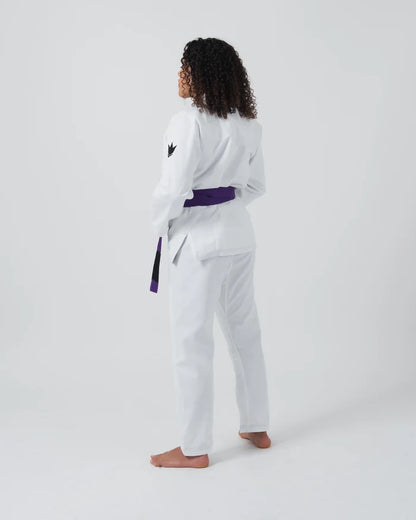 Kingz Kore V2 Women's BJJ Gi White - Full Body Back View Female Athlete Purple Belt Crown Logo Women's Fitted Cut