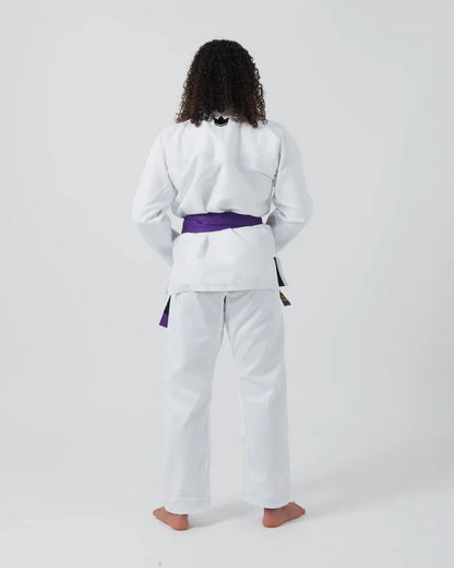 Kingz Kore V2 Women's BJJ Gi White - Upper Body Back View Crown Logo Collar Detail Female Athlete Purple Belt