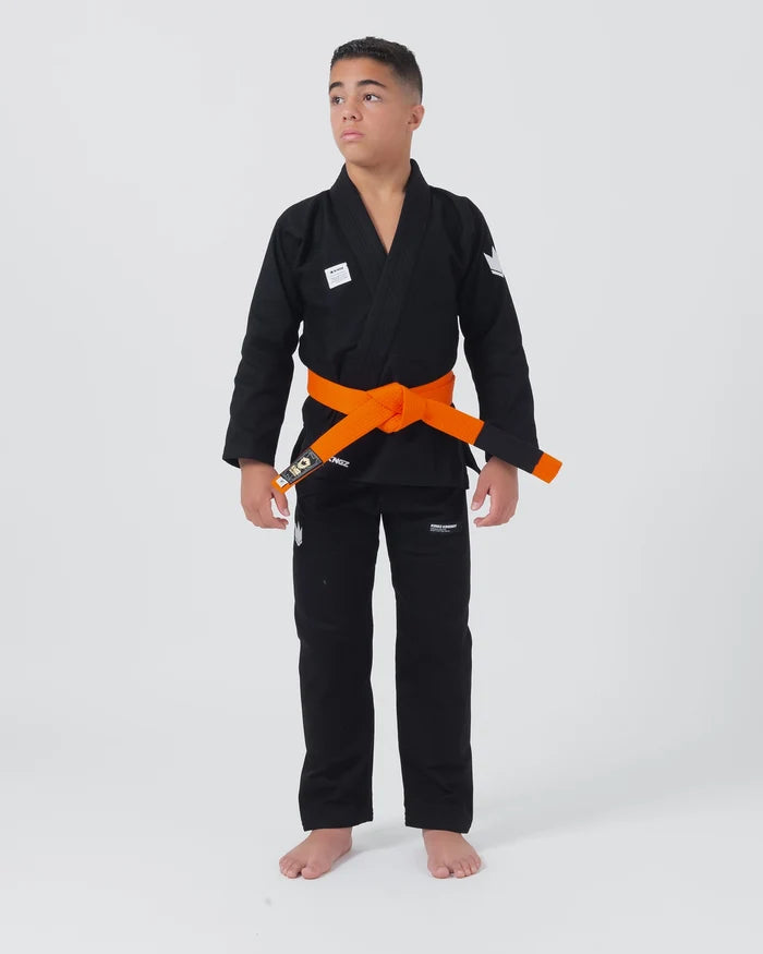 Kingz Kore V2 Youth BJJ Gi Black - Full Body Front View Teen Athlete Orange Belt KINGZ Logo Complete Youth Gi