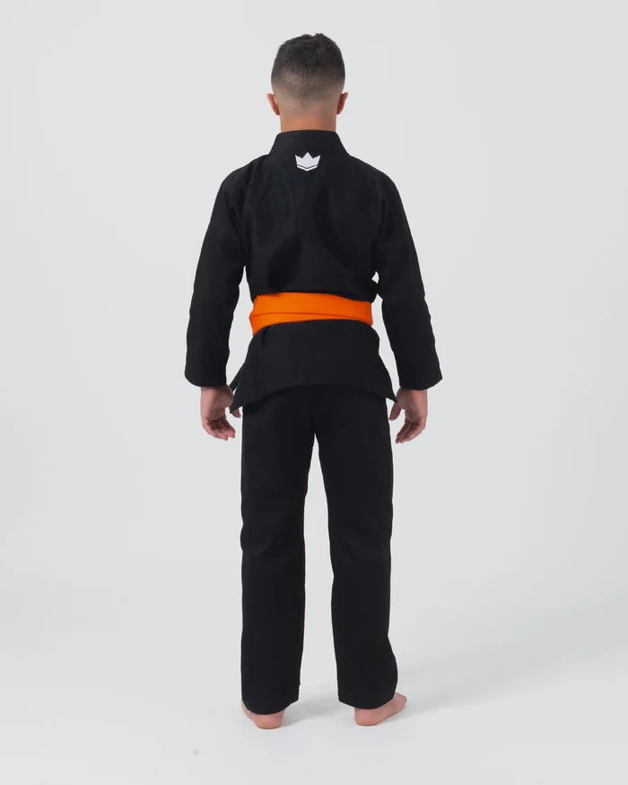 Kingz Kore V2 Youth BJJ Gi Black - Full Body Back View Teen Athlete Orange Belt Crown Logo Upper Back Youth Kids