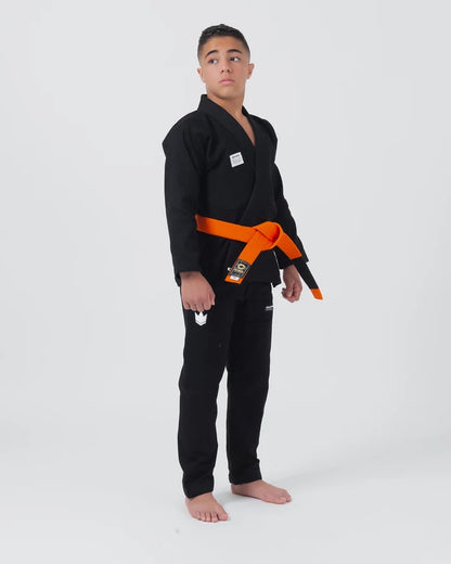 Kingz Kore V2 Youth BJJ Gi Black - Full Body Front View Teen Athlete Orange Belt KINGZ Patch Crown Logo Youth Gi