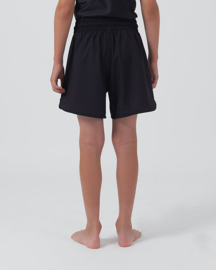 Kingz Kore V2 Youth Shorts Black - Full Body Back View Teen Boy Athlete Solid Black All-Black Back Design Side Splits Kids Grappling Shorts No-Gi BJJ Kore Collection [color:Black]