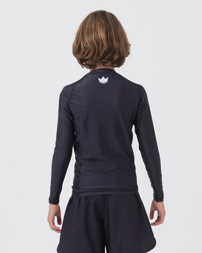 Kingz Kore V2 Youth L/S Rashguard Navy Black - Full Body Back View Teen Boy Athlete Long Sleeve Navy Blue Minimal Design White Crown Logo Upper Back Center Matching Navy Shorts Lightweight Sublimated Kids BJJ [color:Black]