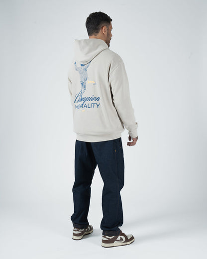 Tan BJJ Champion hoodie rear view on adult male model highlighting blue athlete illustration and script [color:French Oak]