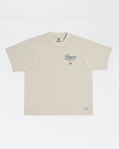 Kingz Leandro Lo Champion Tee - Flat Lay Front - Champion Mentality Chest Graphic - Natural BJJ Tribute Tee [color:French Oak]