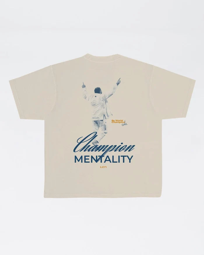 Kingz Leandro Lo Champion Tee - Flat Lay Back - Champion Mentality Large Back Print - Natural BJJ Tribute Tee [color:French Oak]