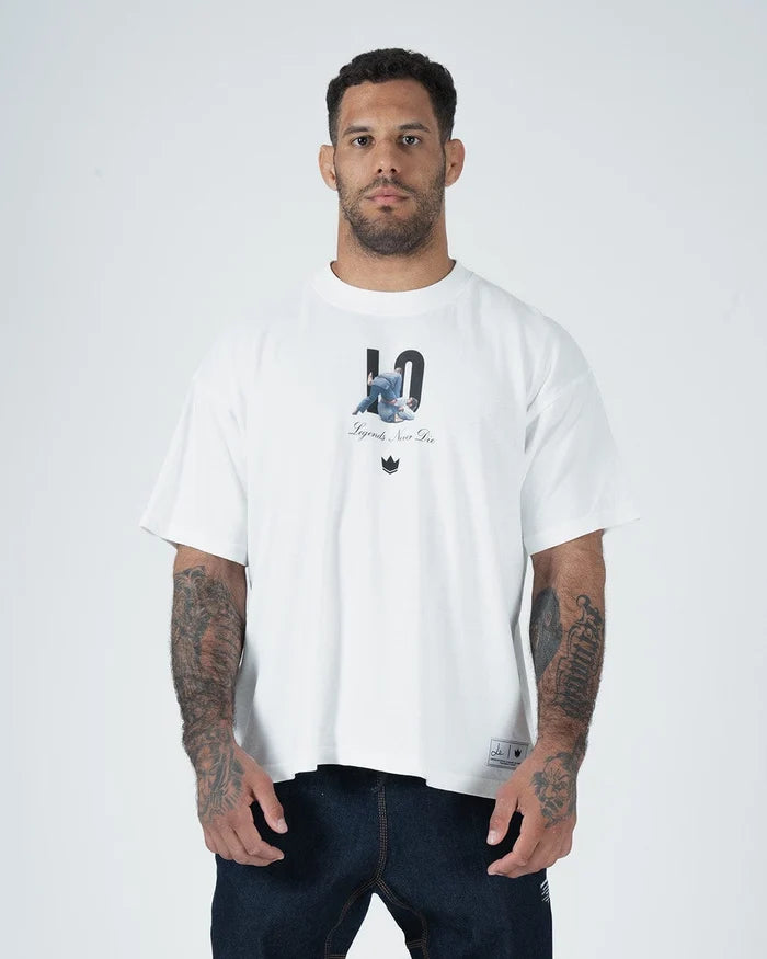 Kingz Leandro Lo Tee - Front View - LO Legends Never Die Graphic - White BJJ Tribute Shirt [color:White]