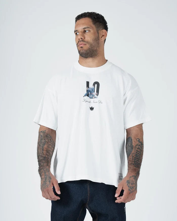 Kingz Leandro Lo Tee - Model Wearing - Side Profile View - LO Graphic White Tee - BJJ Tribute Apparel [color:White]