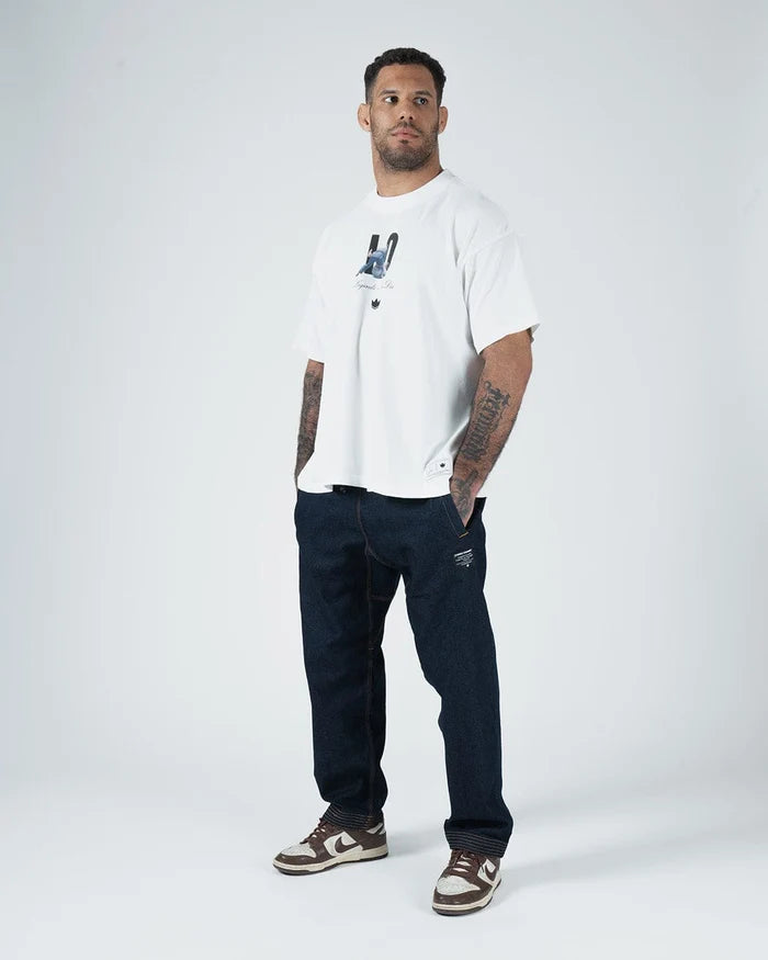 Kingz Leandro Lo Tee - Lifestyle Shot - Full Body Front View - White BJJ Champion Tribute T-Shirt [color:White]